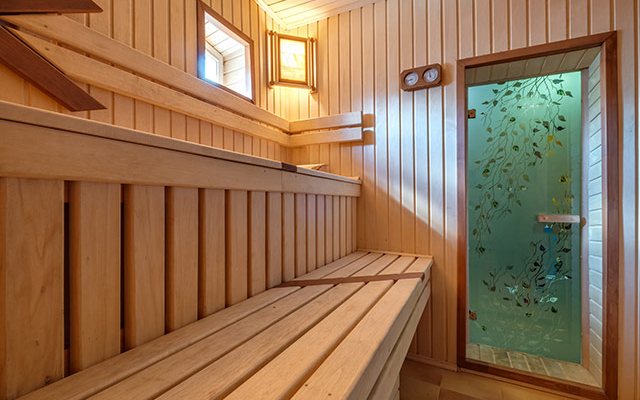 Ahşap kaplamalı sauna kabininin iç görünümü ve oturma bankları